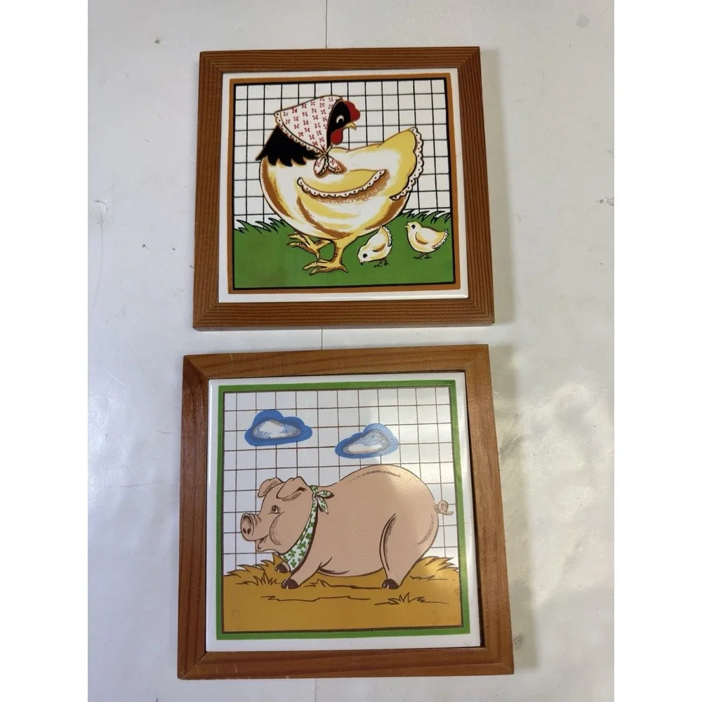 Ceramic Hen & Pig Wall Art Set 7x7 Farmhouse‎ Country Kitchen Vintage